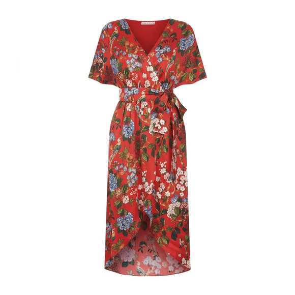 Alice + Olivia Clarine Silk Red Dress Floral Wrap Size 6 - Picture 8 of 13